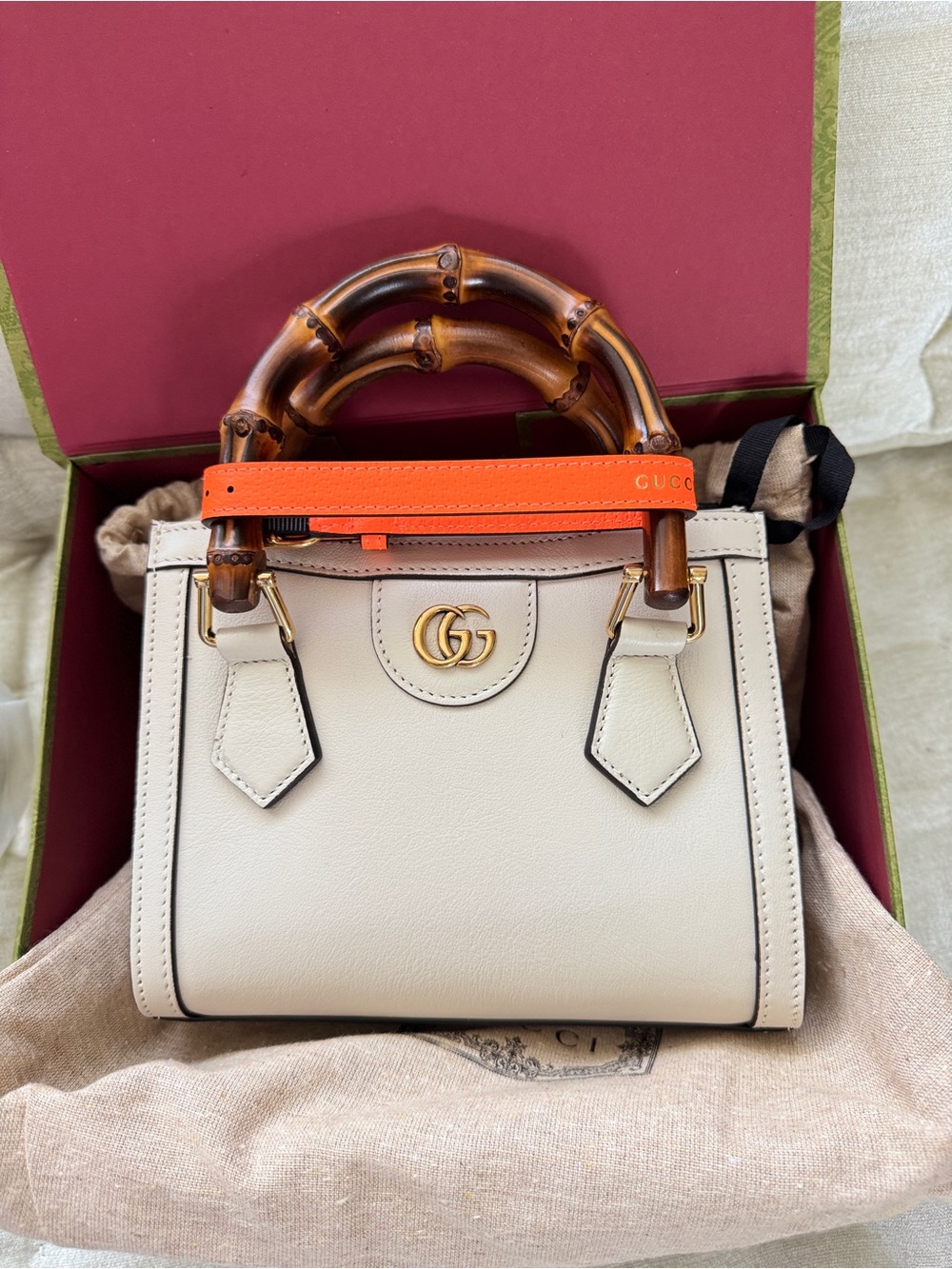 Gucci Cream Leather Mini Satchel with Orange Strap & Bamboo Handles